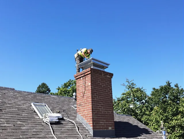 Trumbull Chimney Sweep technician measuring a chimney cap in Trumbull, CT