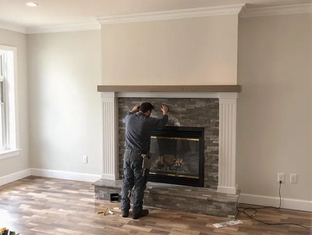 Trumbull Chimney Sweep finishing a custom fireplace install in Trumbull, CT